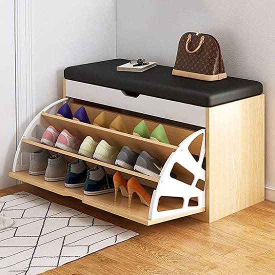 خزانة أحذية خشبية مع مقعد  أسود