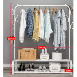 Shoe and clothes rack with hanging hooks and bottom storage shelf for shoe boxes