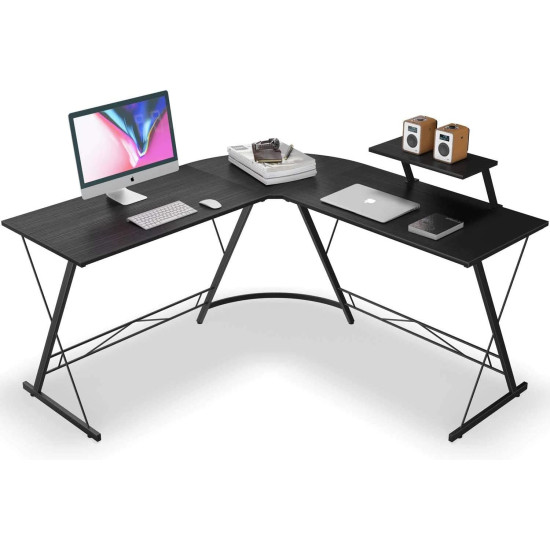 L shaped computer desk with monitor shelf - black