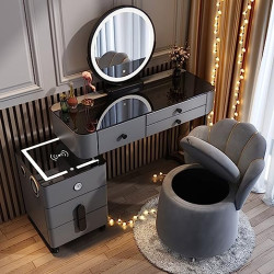 Makeup Vanity Table Dressing Table Flip Mirror With Drawers And Chair With BT Speaker ,wireless charger and USB port