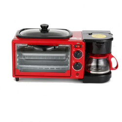 مكينة تحضر الفطور 3 في 1- فرن تحميص، ومقلاة طهي، وماكينة صنع قهوة - أحمر