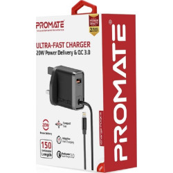 Fast Charging 20W Power Delivery Wall Charger With 1.5m Lightning Cable Black